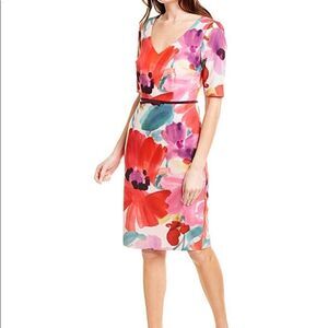 Trina Turk MIDCENTURY Pink Red Multi Floral V-Neck Sheath Dress NEW